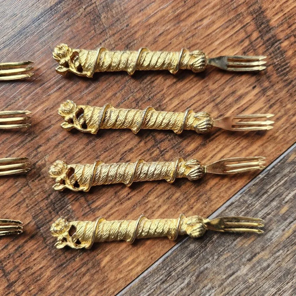 Vtg Janis Collection 24K Gold Plated Hors D'oeuvre Forks Rose Vine Set of 8 2”